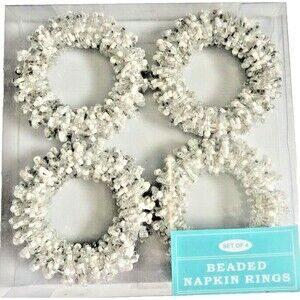Nantucket Napkin Rings Fully Beaded Christmas Frosted White Silver Set of 4